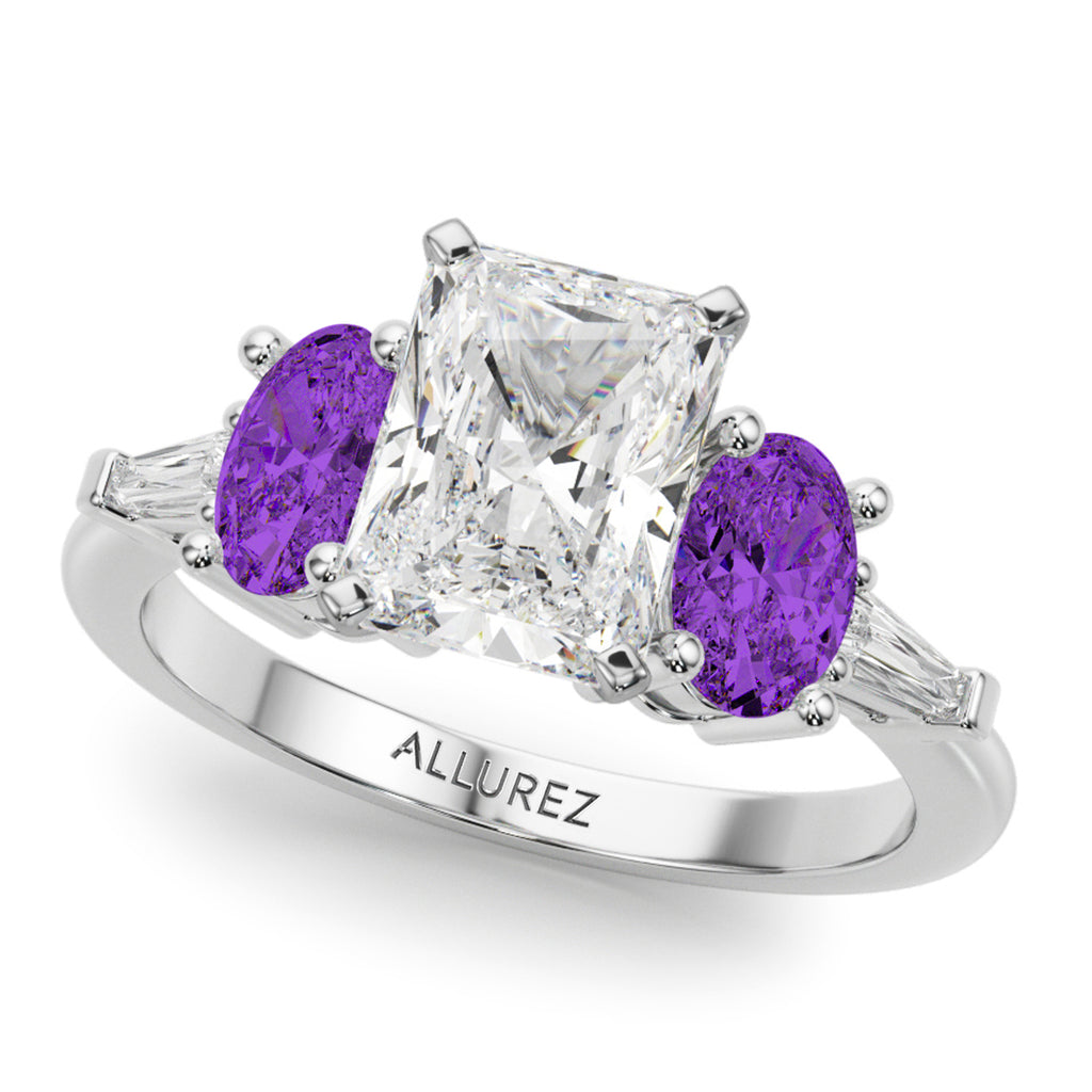 Radiant Lab Diamond & Oval Amethyst Engagement Ring 18K White Gold (3.98ct)