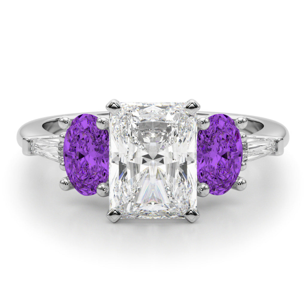 Radiant Lab Diamond & Oval Amethyst Engagement Ring 18K White Gold (3.98ct)