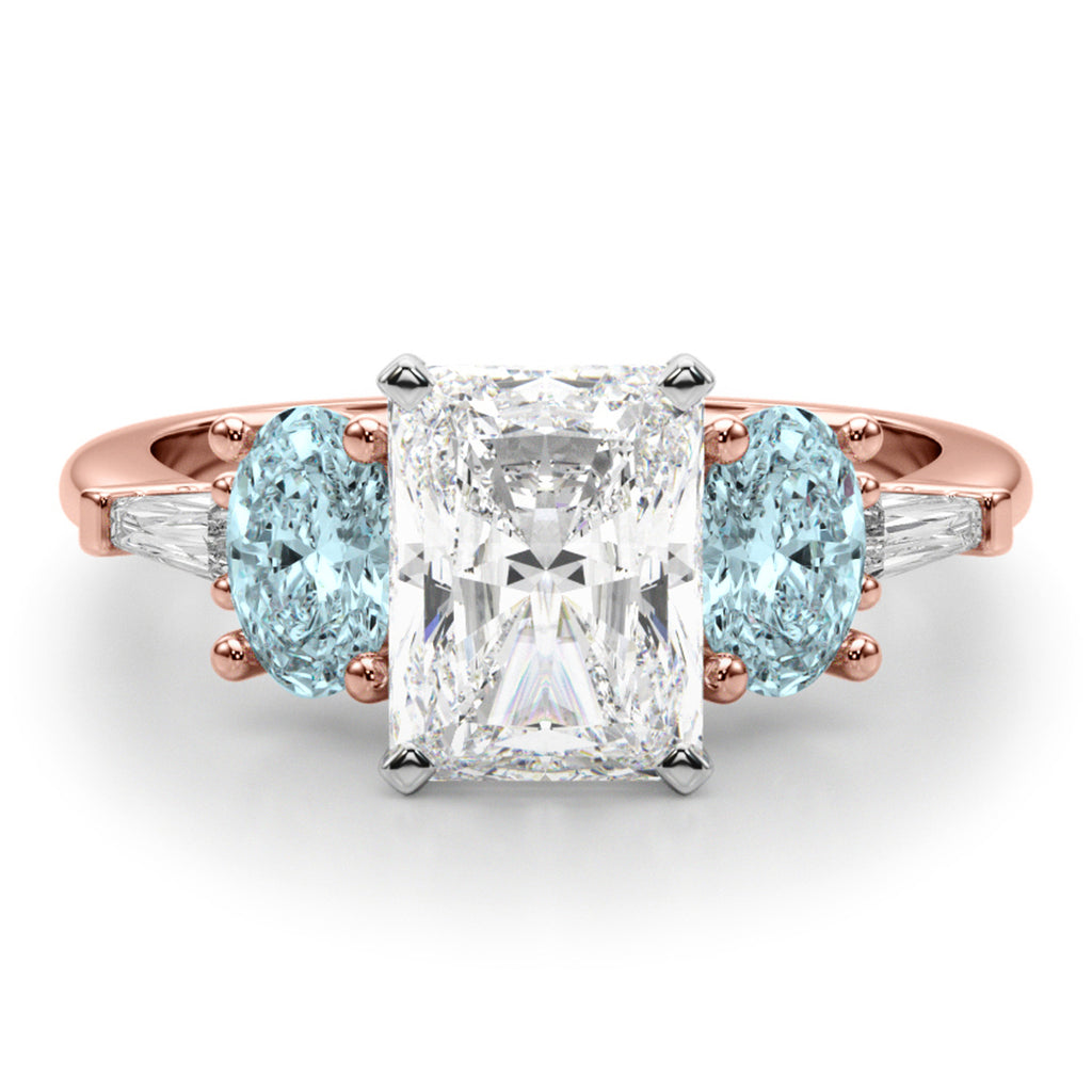 Radiant Lab Diamond & Oval Aquamarine Engagement Ring 18K Rose Gold (3.98ct)