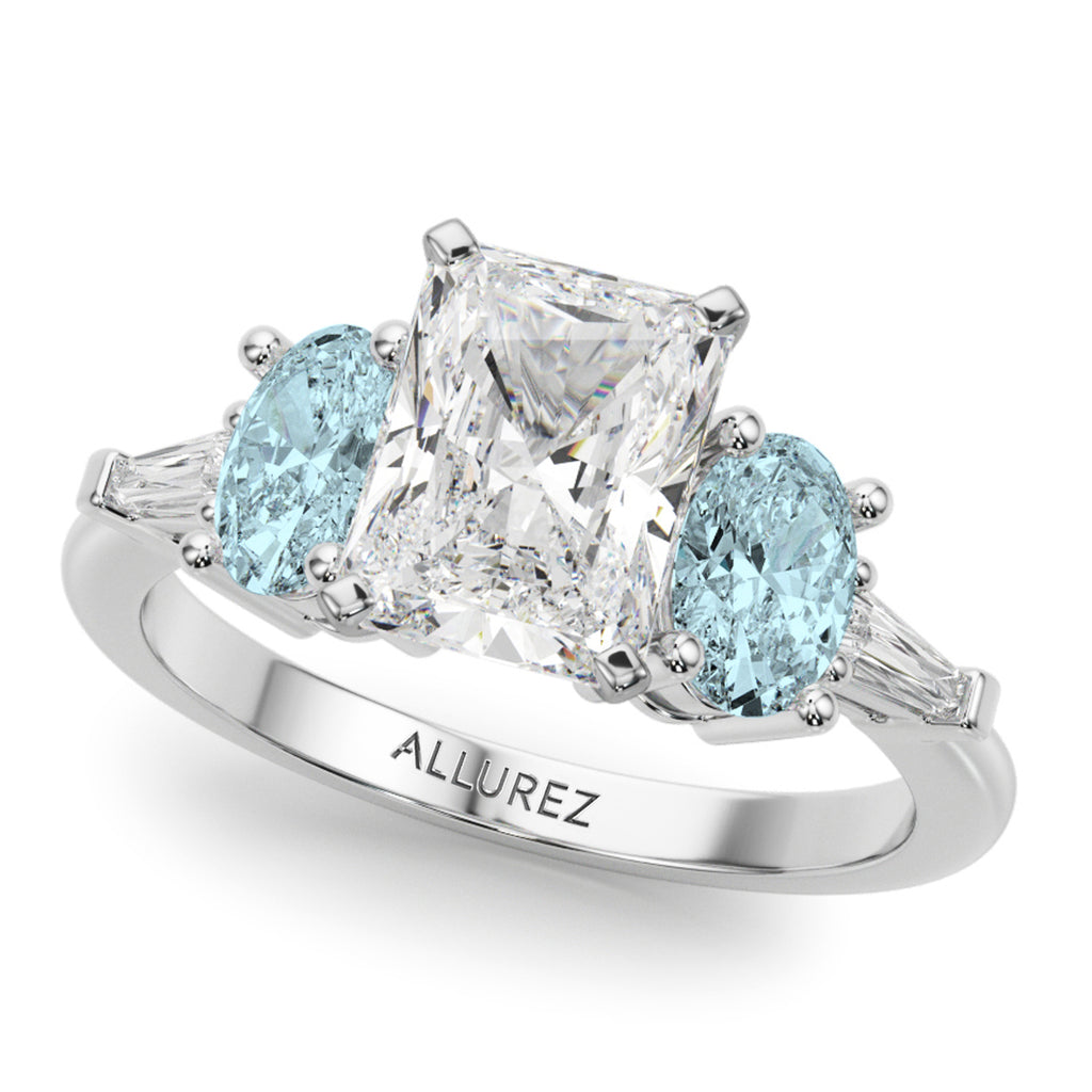 Radiant Lab Diamond & Oval Aquamarine Engagement Ring 18K White Gold (3.98ct)