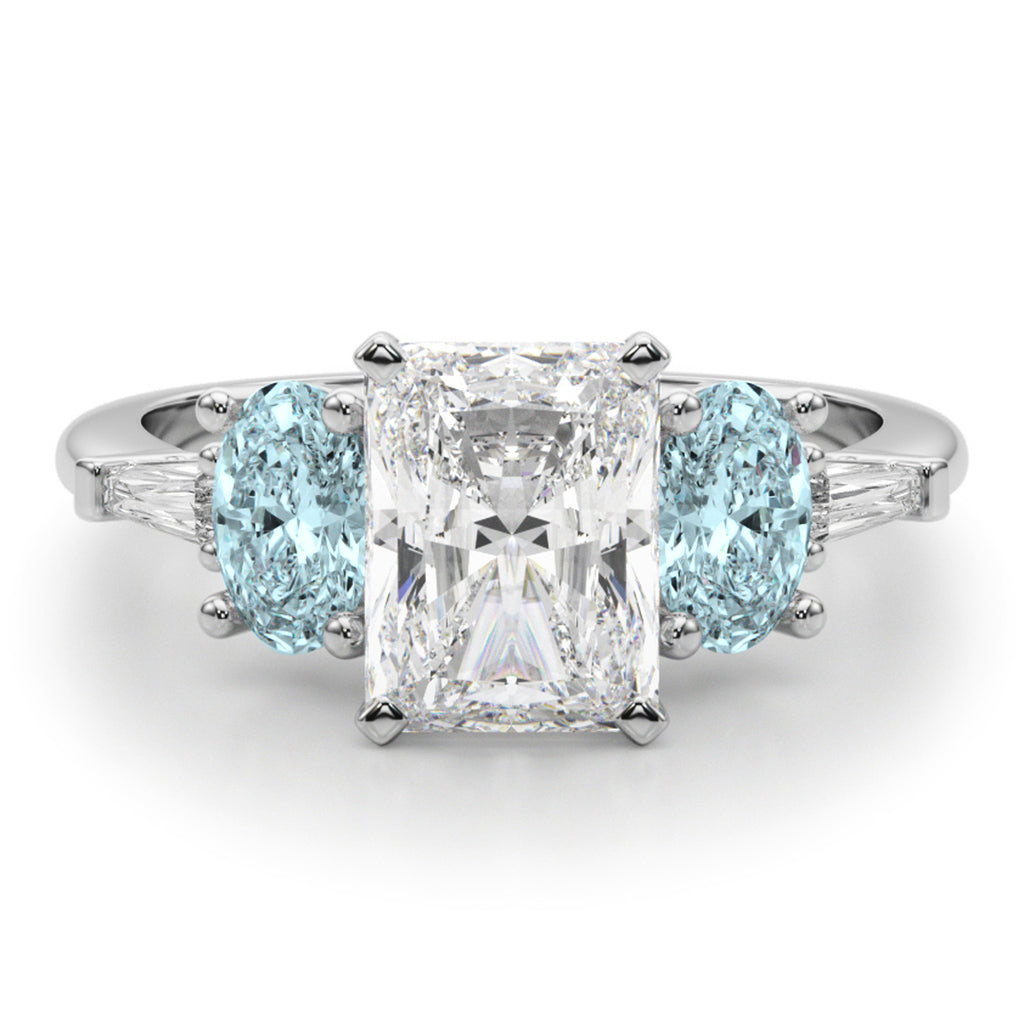 Radiant Lab Diamond & Oval Aquamarine Engagement Ring 18K White Gold (3.98ct)