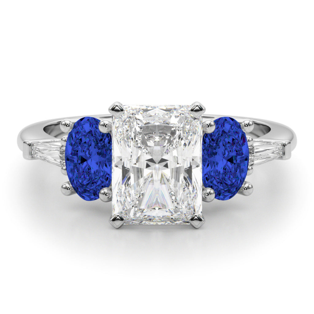 Radiant Lab Diamond & Oval Blue Sapphire Engagement Ring 18K White Gold (4.32ct)