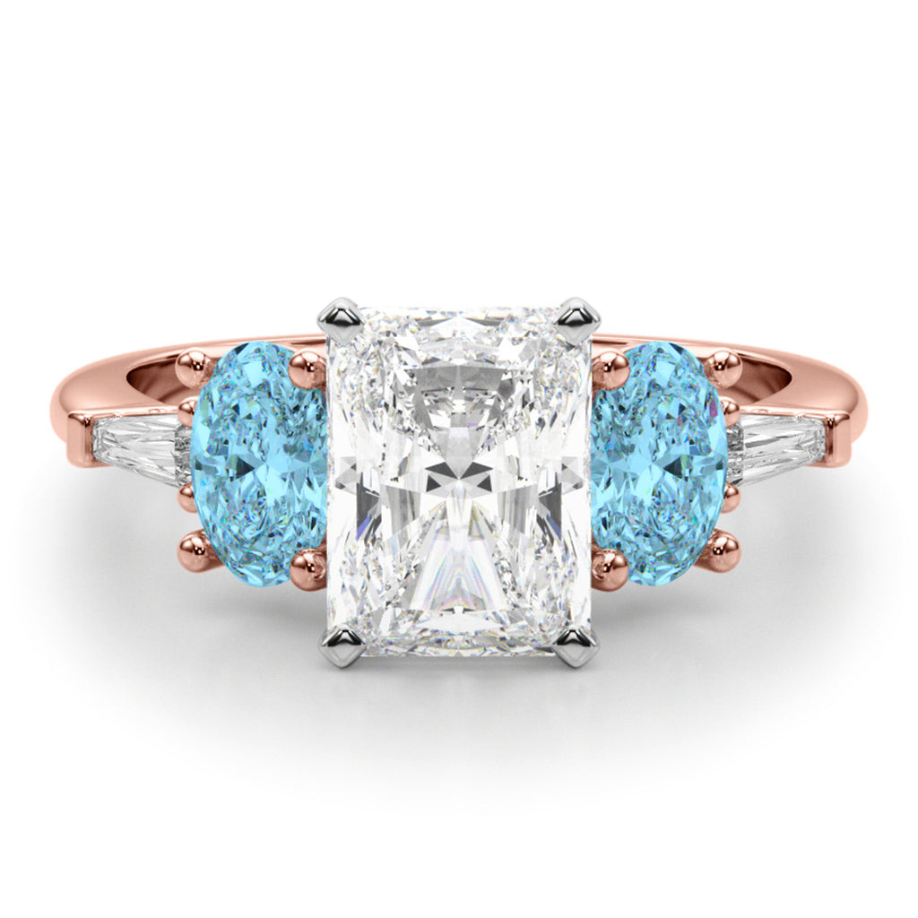 Radiant Lab Diamond & Oval Blue Topaz Engagement Ring 18K Rose Gold (4.18ct)