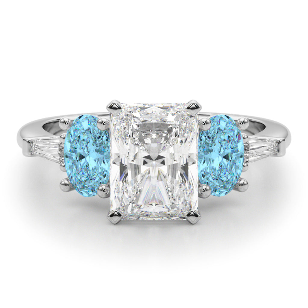 Radiant Lab Diamond & Oval Blue Topaz Engagement Ring 18K White Gold (4.18ct)