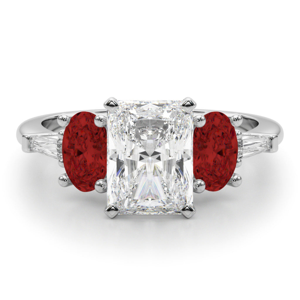 Radiant Lab Diamond & Oval Garnet Engagement Ring 18K White Gold (4.18ct)
