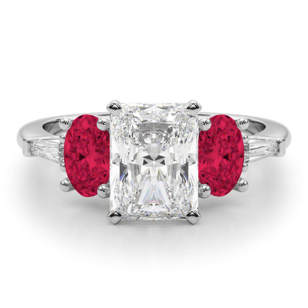 Radiant Lab Grown Diamond & Oval Ruby Engagement Ring 14K White Gold (4.24ct)