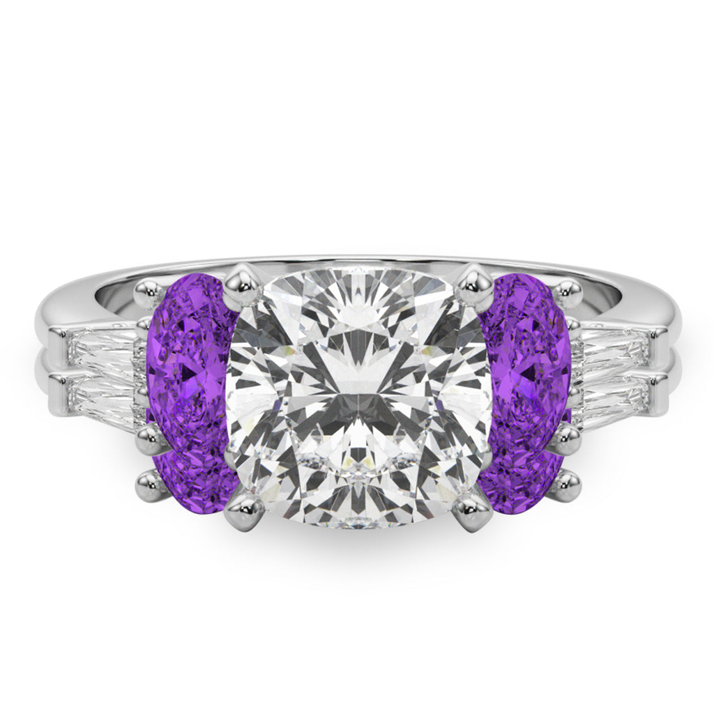 Cushion Lab Grown Diamond & Oval Amethyst Bridal Set 14K White Gold (4.65ct)