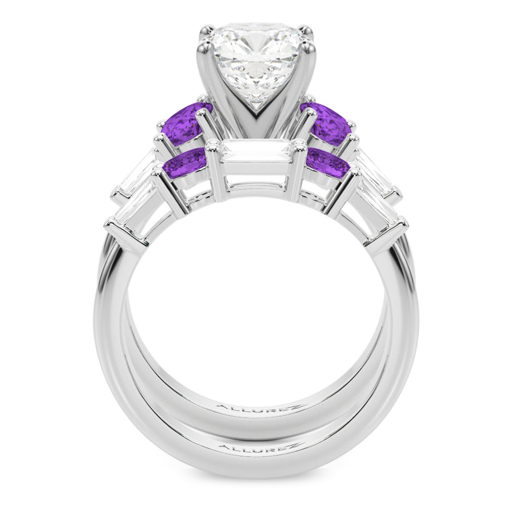 Cushion Lab Grown Diamond & Oval Amethyst Bridal Set 14K White Gold (4.65ct)