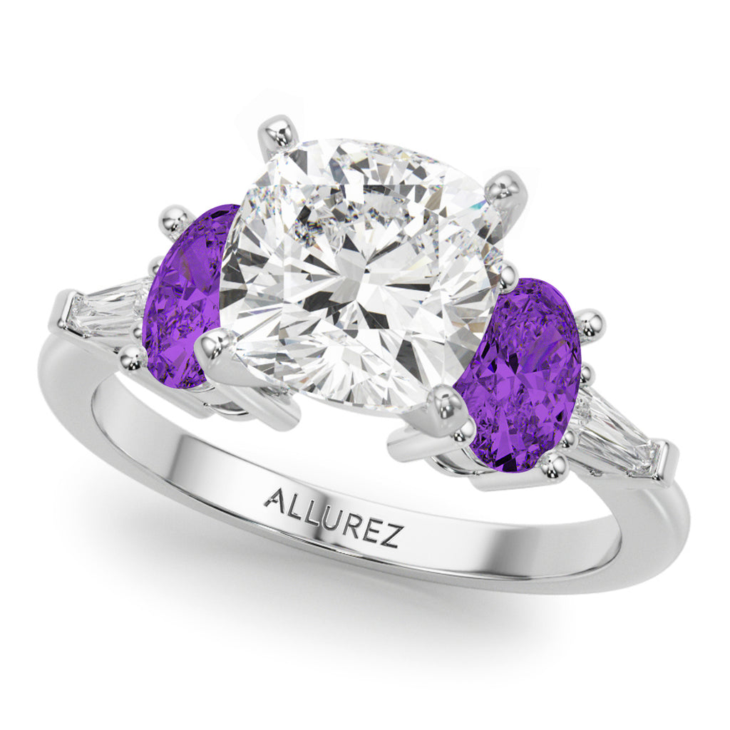 Cushion Lab Grown Diamond & Oval Amethyst Bridal Set 14K White Gold (4.65ct)