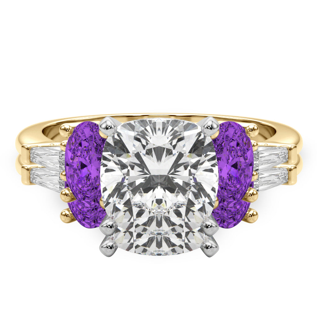 Cushion Lab Diamond & Oval Amethyst Bridal Set 14K Yellow Gold (4.65ct)