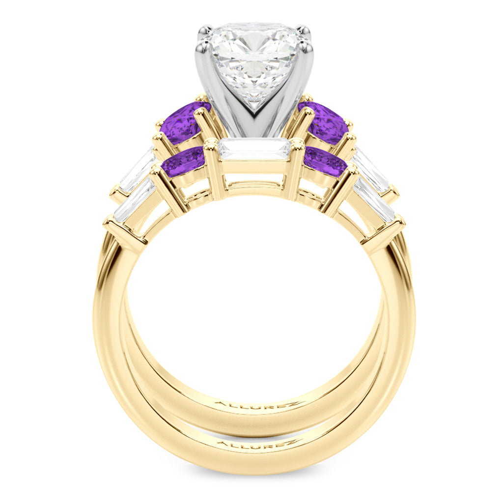 Cushion Lab Diamond & Oval Amethyst Bridal Set 14K Yellow Gold (4.65ct)