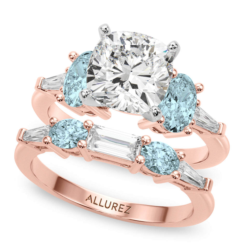 Cushion Lab Diamond & Oval Aquamarine Bridal Set 14K Rose Gold (4.65ct)