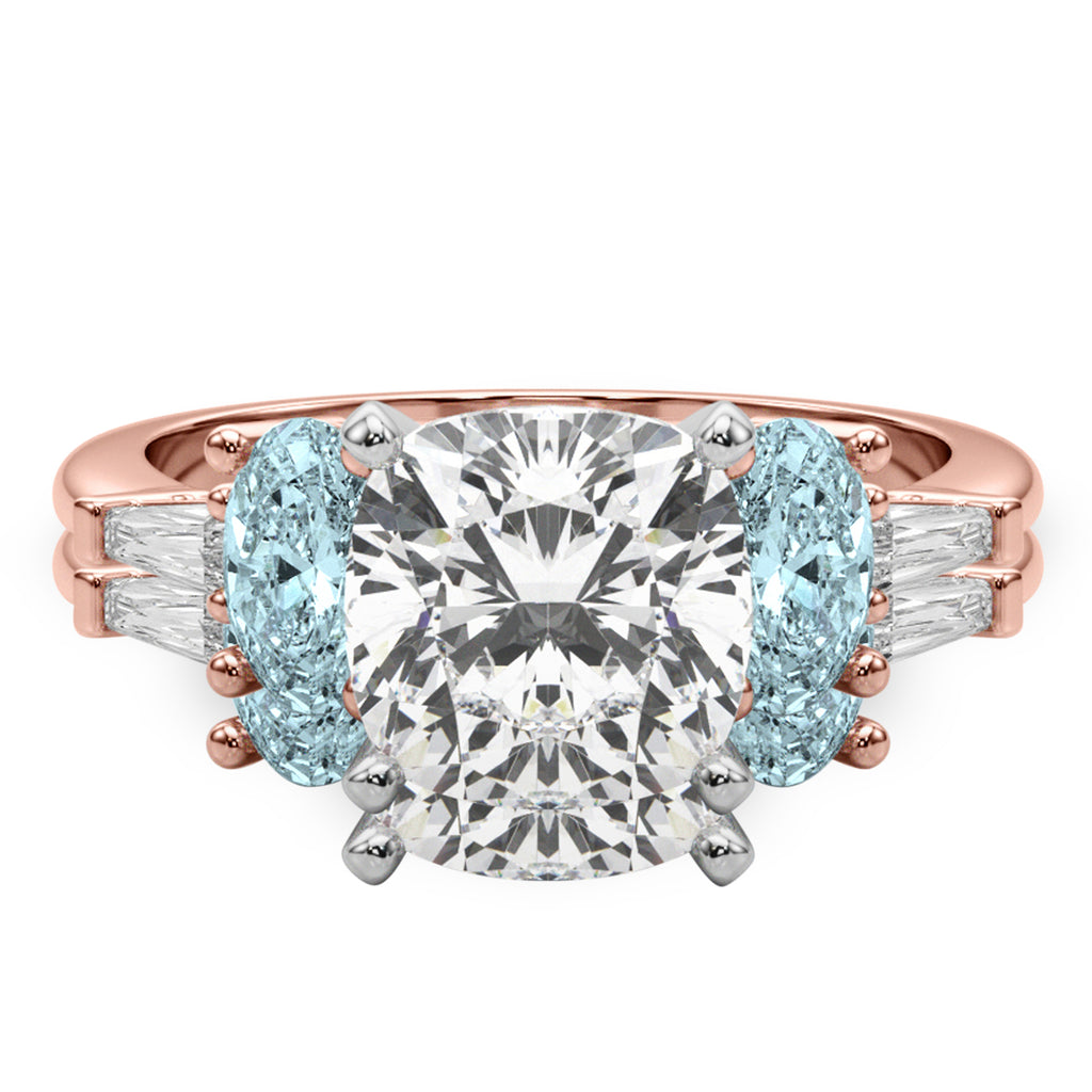 Cushion Lab Diamond & Oval Aquamarine Bridal Set 14K Rose Gold (4.65ct)