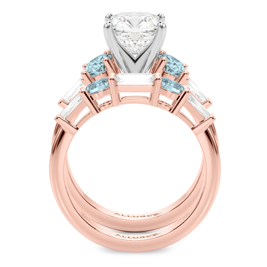 Cushion Lab Diamond & Oval Aquamarine Bridal Set 14K Rose Gold (4.65ct)