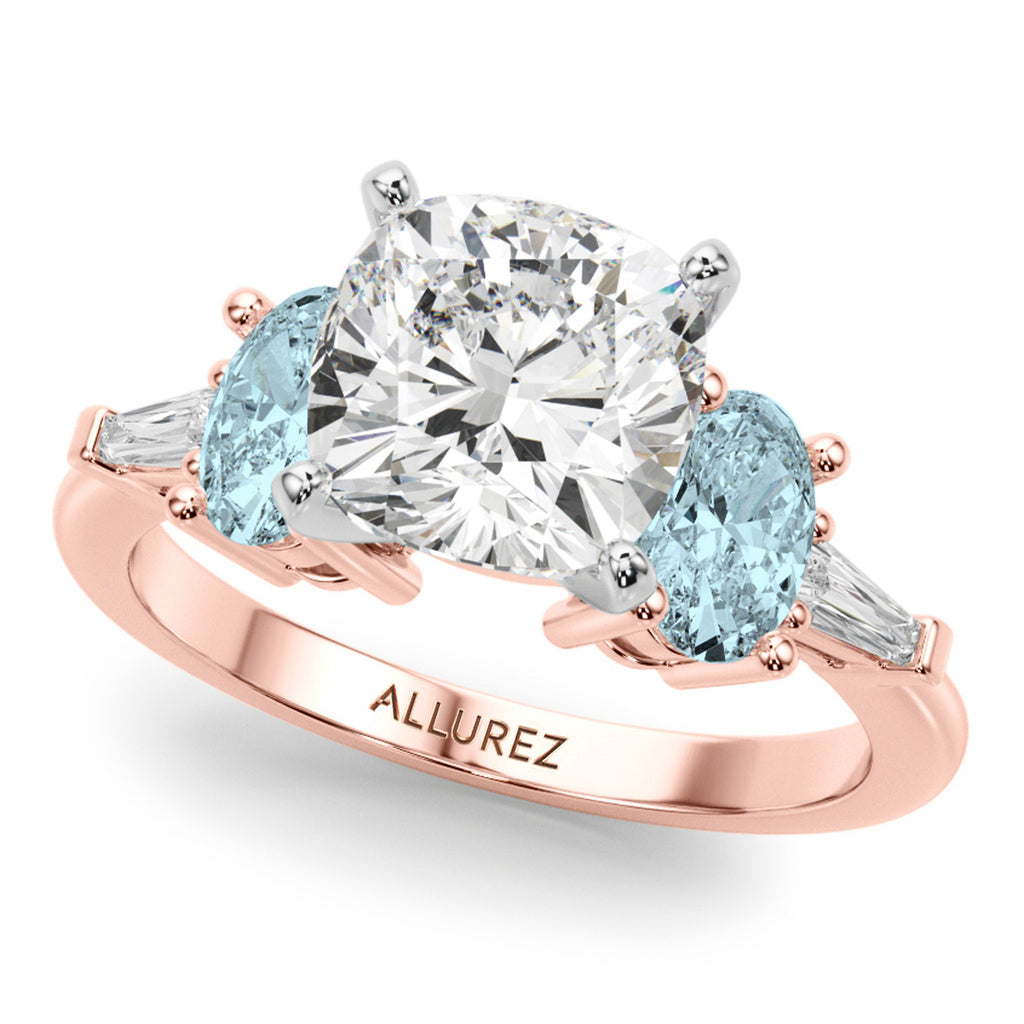 Cushion Lab Diamond & Oval Aquamarine Bridal Set 14K Rose Gold (4.65ct)