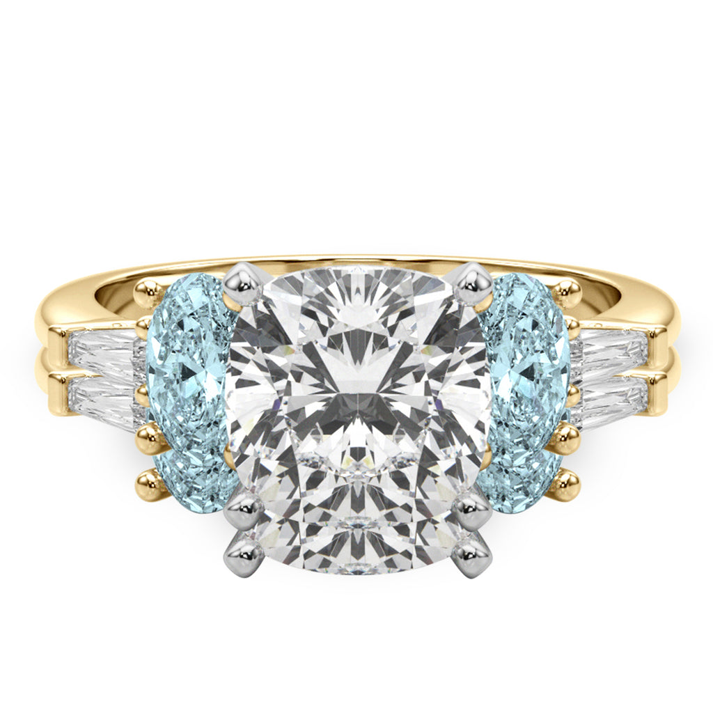 Cushion Lab Diamond & Oval Aquamarine Bridal Set 14K Yellow Gold (4.65ct)