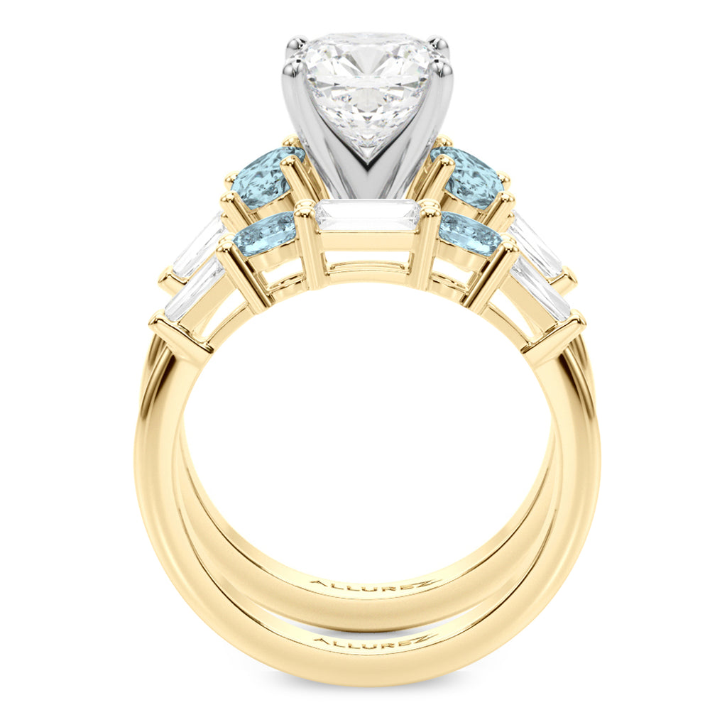 Cushion Lab Diamond & Oval Aquamarine Bridal Set 18K Yellow Gold (4.65ct)