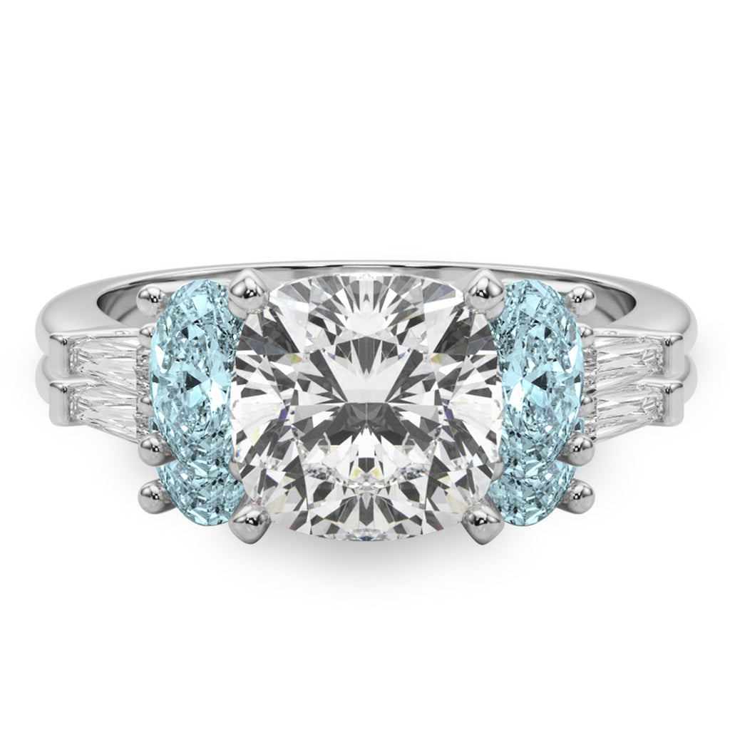 Cushion Lab Diamond & Oval Aquamarine Bridal Set in Palladium (4.65ct)