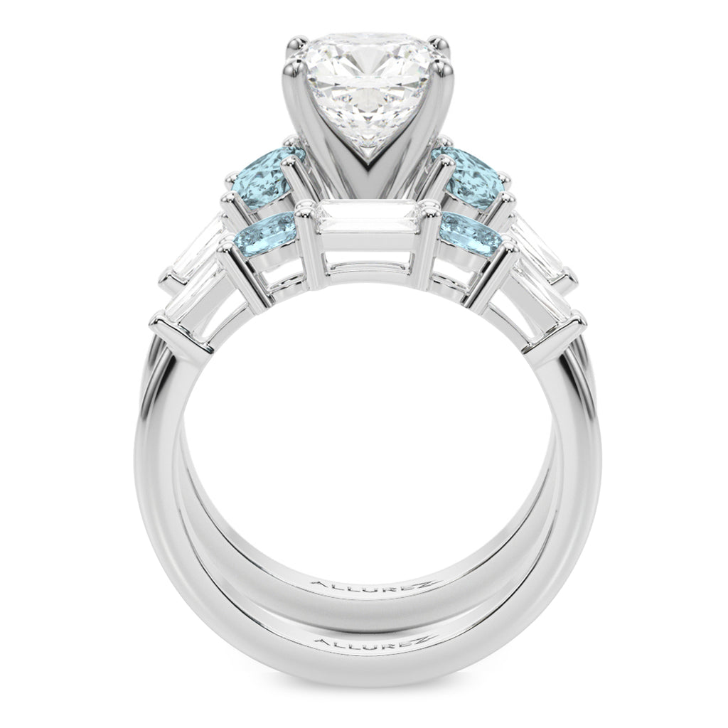 Cushion Lab Diamond & Oval Aquamarine Bridal Set in Palladium (4.65ct)