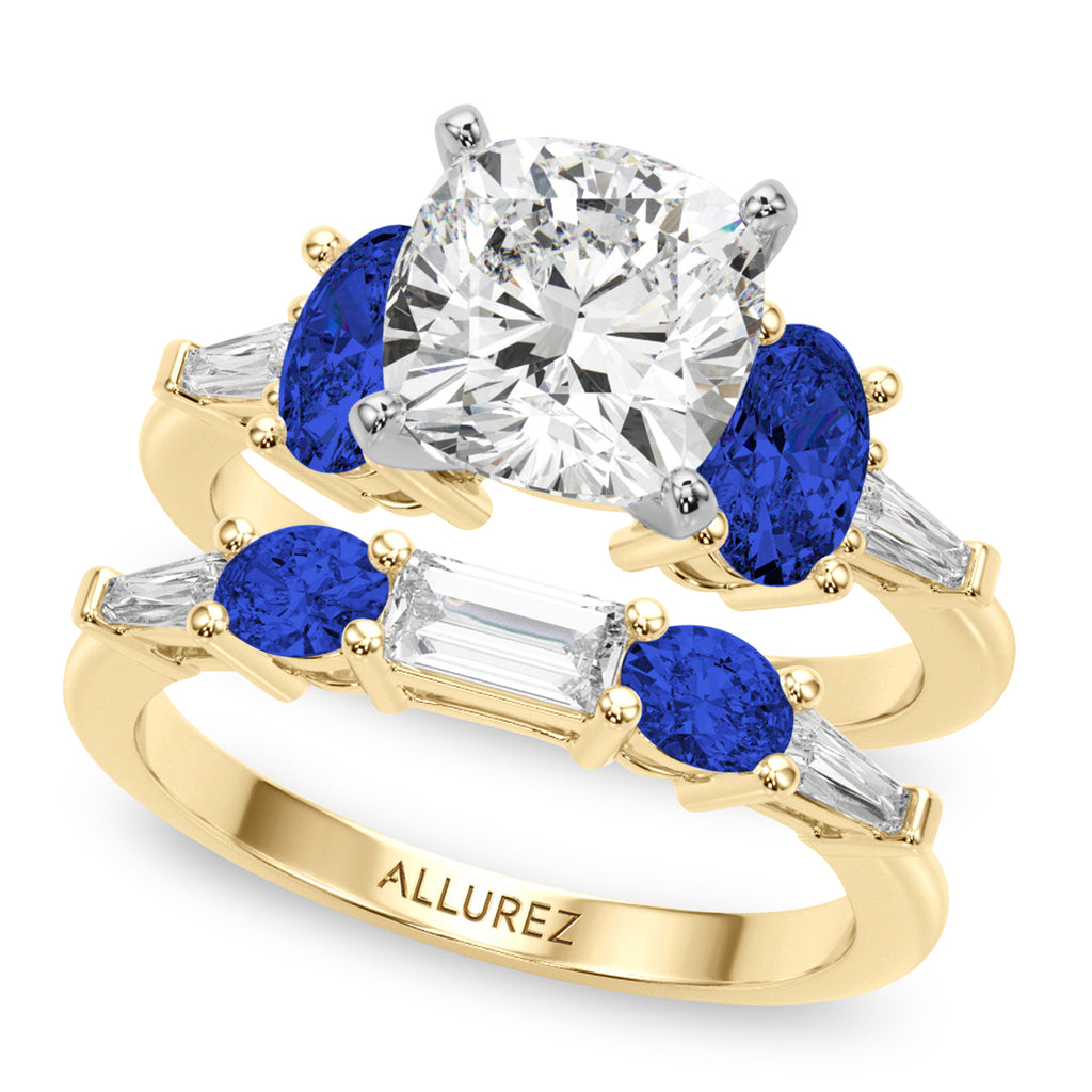 Cushion Lab Diamond & Oval Blue Sapphire Bridal Set 14K Yellow Gold (5.17ct)