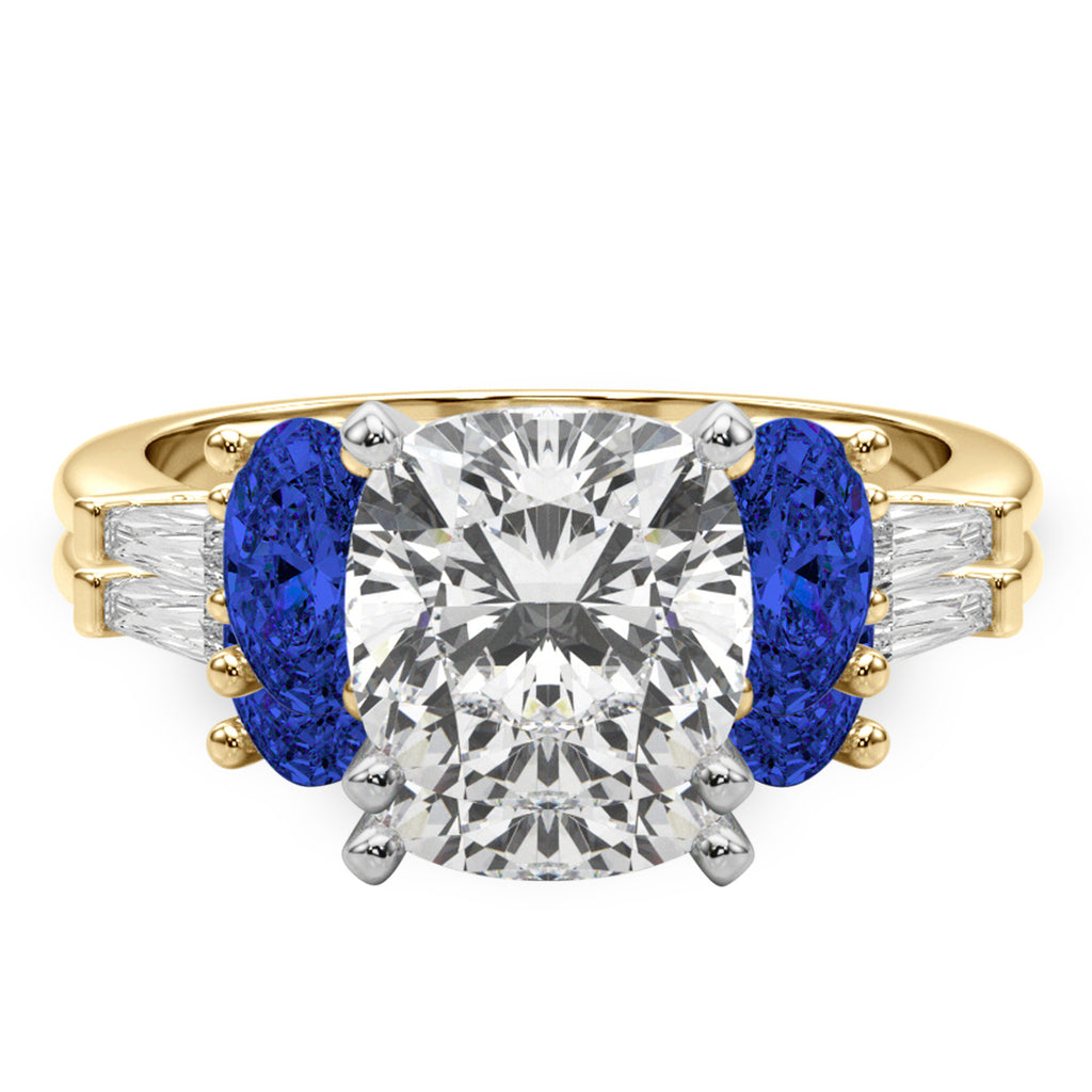 Cushion Lab Diamond & Oval Blue Sapphire Bridal Set 14K Yellow Gold (5.17ct)