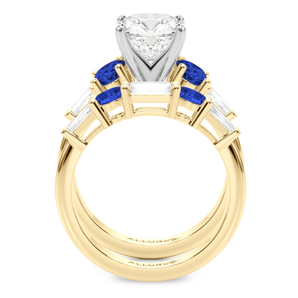 Cushion Lab Diamond & Oval Blue Sapphire Bridal Set 14K Yellow Gold (5.17ct)