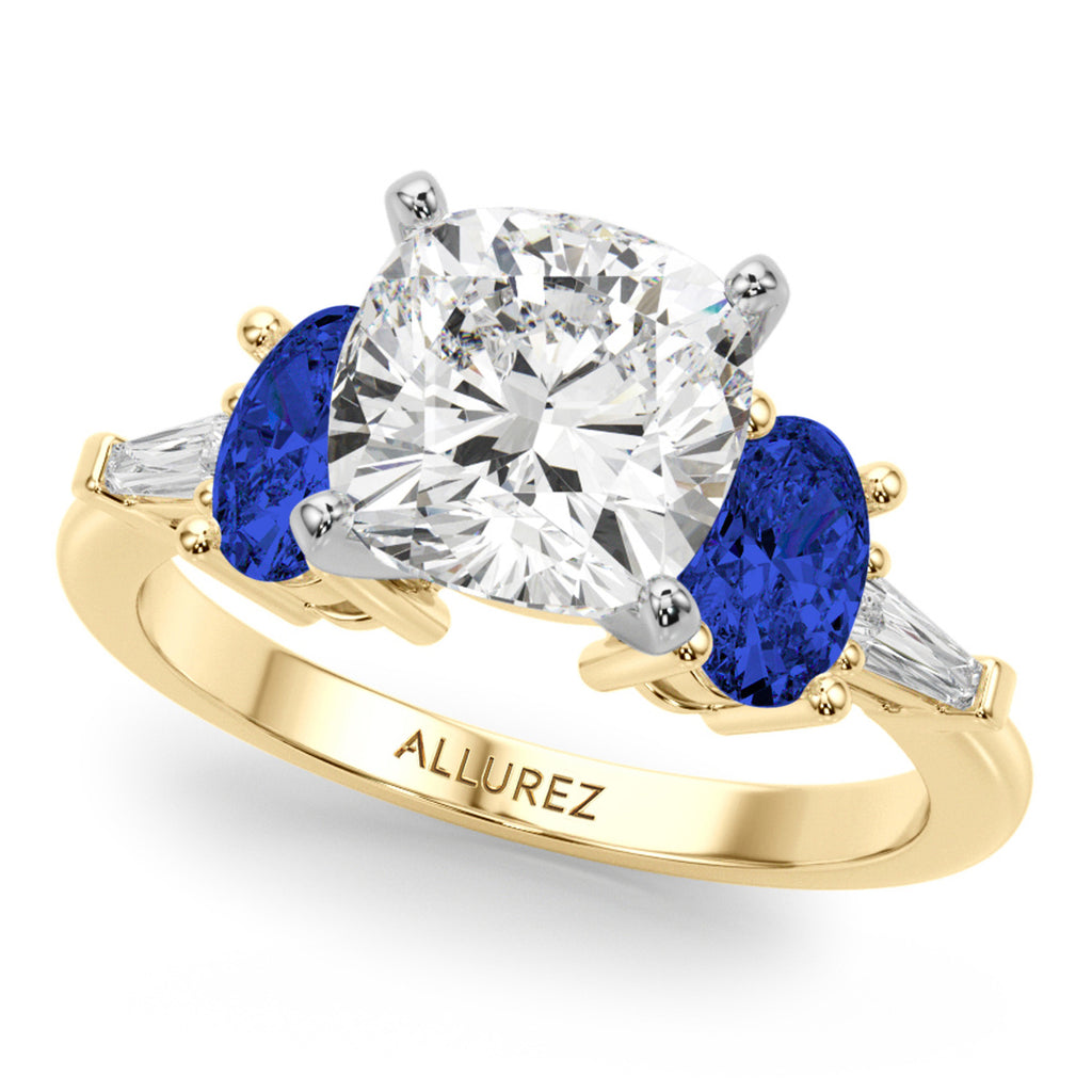 Cushion Lab Diamond & Oval Blue Sapphire Bridal Set 18K Yellow Gold (5.17ct)