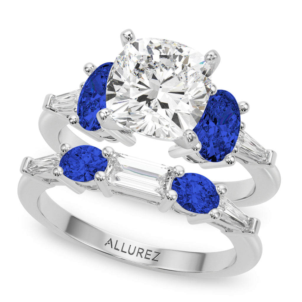 Cushion Lab Diamond & Oval Blue Sapphire Bridal Set in Platinum (5.17ct)