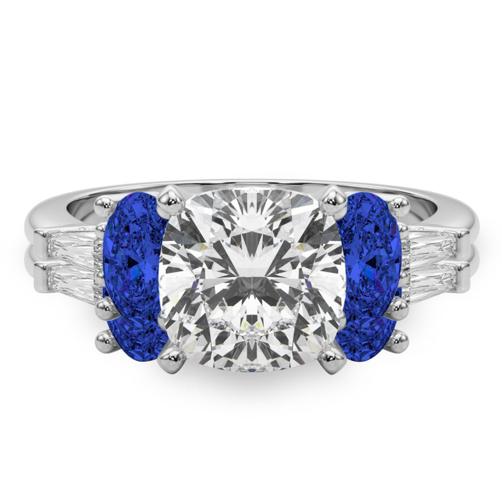 Cushion Lab Diamond & Oval Blue Sapphire Bridal Set in Platinum (5.17ct)