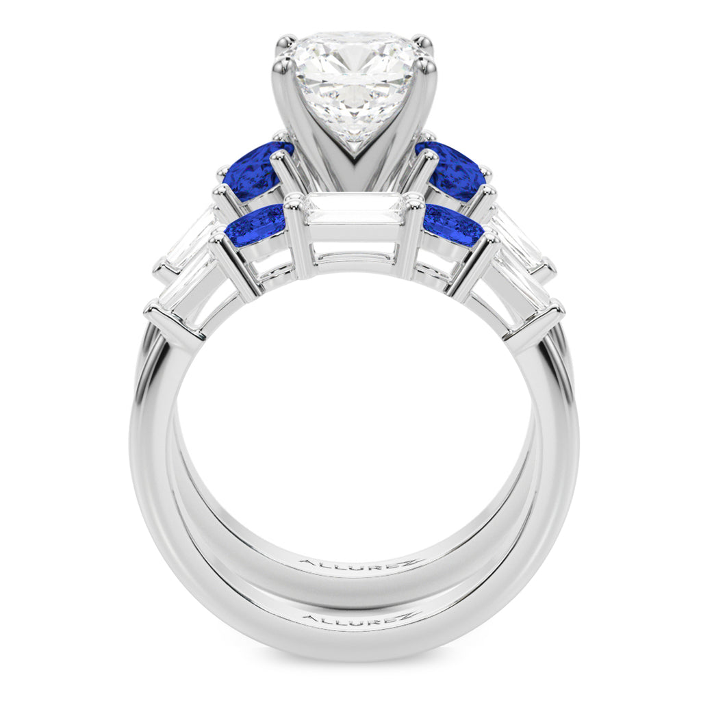 Cushion Lab Diamond & Oval Blue Sapphire Bridal Set in Platinum (5.17ct)