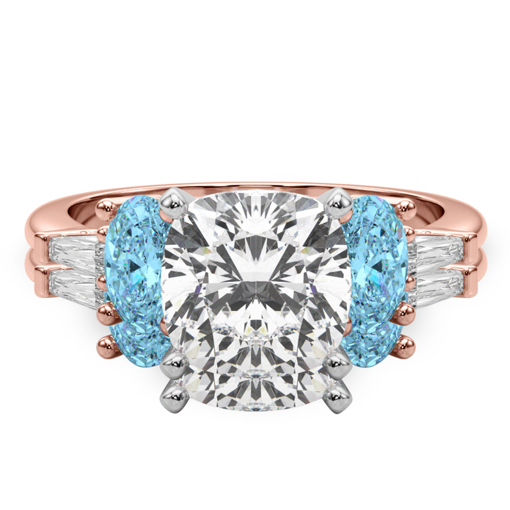 Cushion Lab Diamond & Oval Blue Topaz Bridal Set 14K Rose Gold (4.97ct)