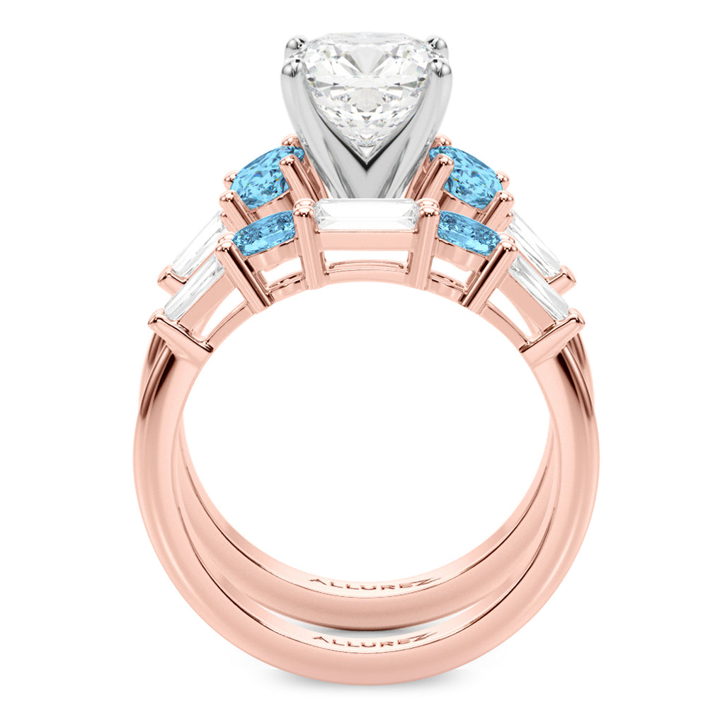 Cushion Lab Diamond & Oval Blue Topaz Bridal Set 14K Rose Gold (4.97ct)