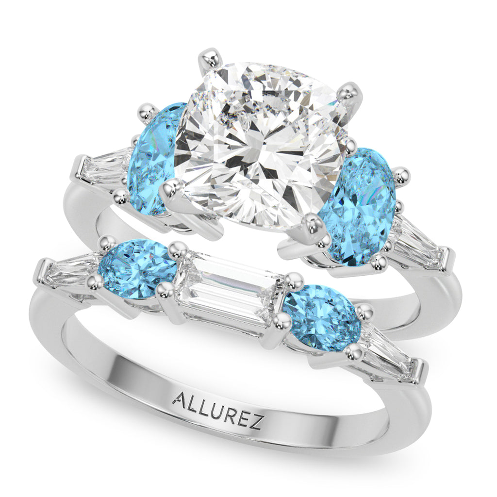 Cushion Lab Grown Diamond & Oval Blue Topaz Bridal Set 14K White Gold (4.97ct)