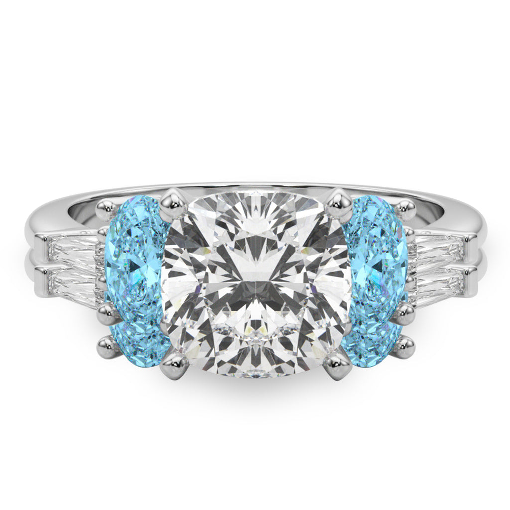 Cushion Lab Grown Diamond & Oval Blue Topaz Bridal Set 14K White Gold (4.97ct)