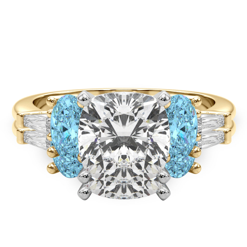 Cushion Lab Diamond & Oval Blue Topaz Bridal Set 14K Yellow Gold (4.97ct)