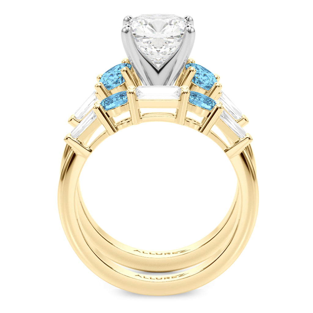 Cushion Lab Diamond & Oval Blue Topaz Bridal Set 14K Yellow Gold (4.97ct)