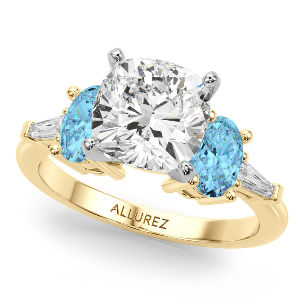 Cushion Lab Diamond & Oval Blue Topaz Bridal Set 14K Yellow Gold (4.97ct)