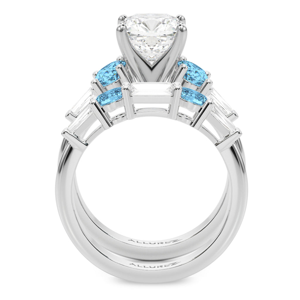 Cushion Lab Diamond & Oval Blue Topaz Bridal Set in Platinum (4.97ct)