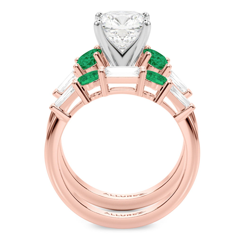 Cushion Lab Diamond & Oval Emerald Bridal Set 14K Rose Gold (4.65ct)