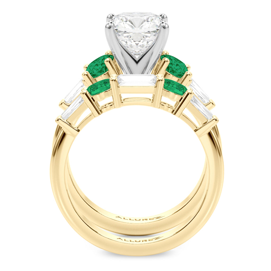 Cushion Lab Diamond & Oval Emerald Bridal Set 18K Yellow Gold (4.65ct)