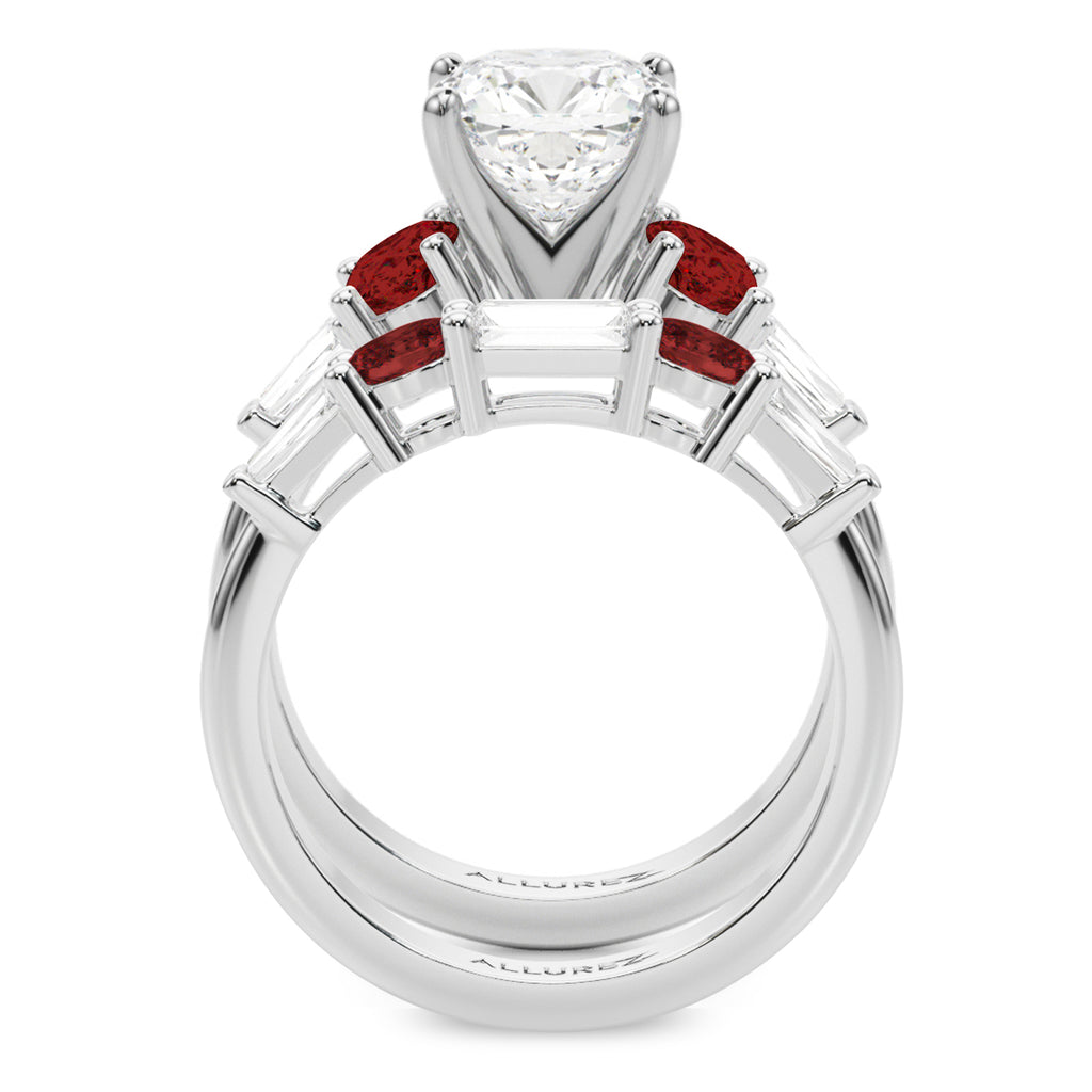 Cushion Lab Diamond & Oval Garnet Bridal Set 18K White Gold (4.97ct)