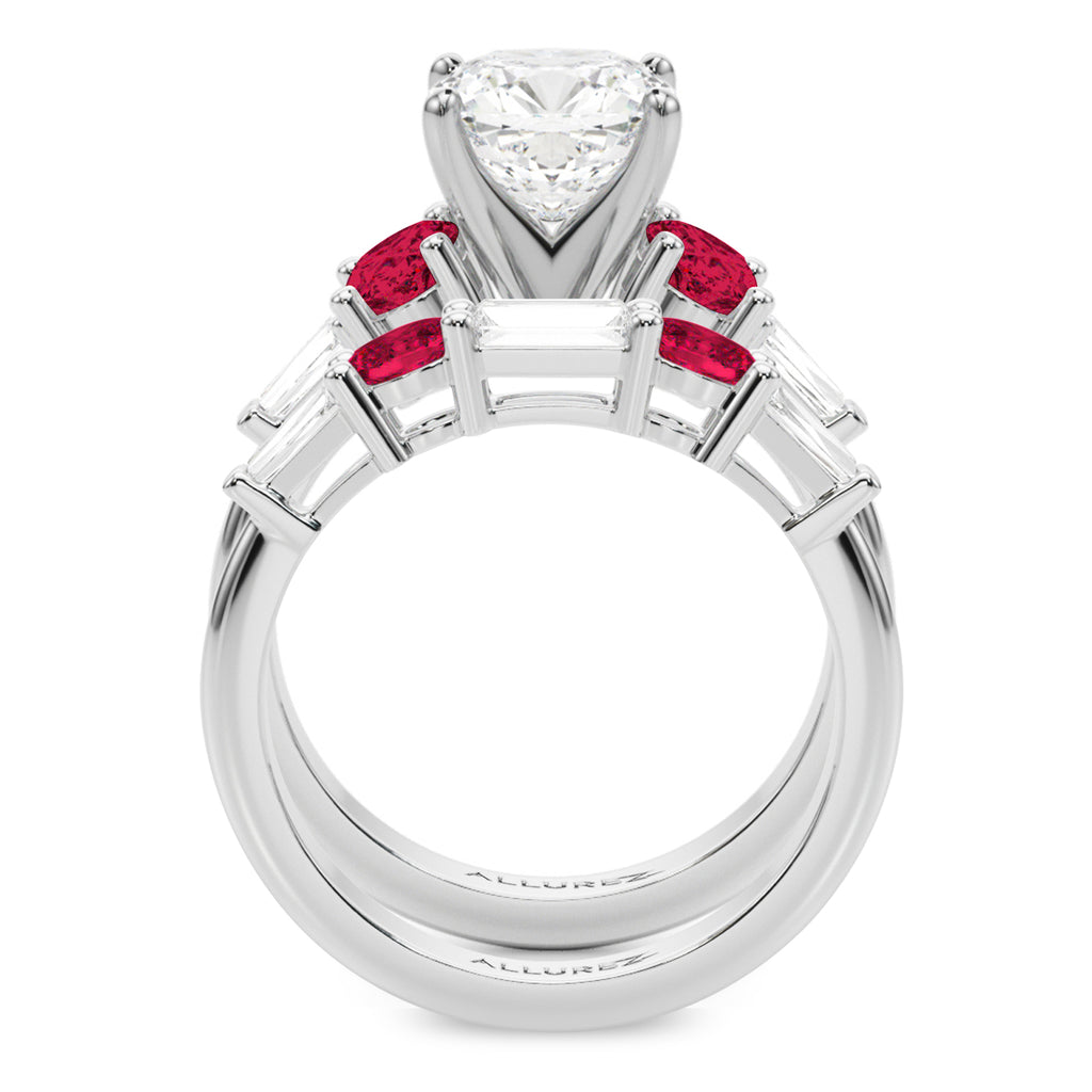 Cushion Lab Grown Diamond & Oval Ruby Bridal Set 14K White Gold (5.09ct)