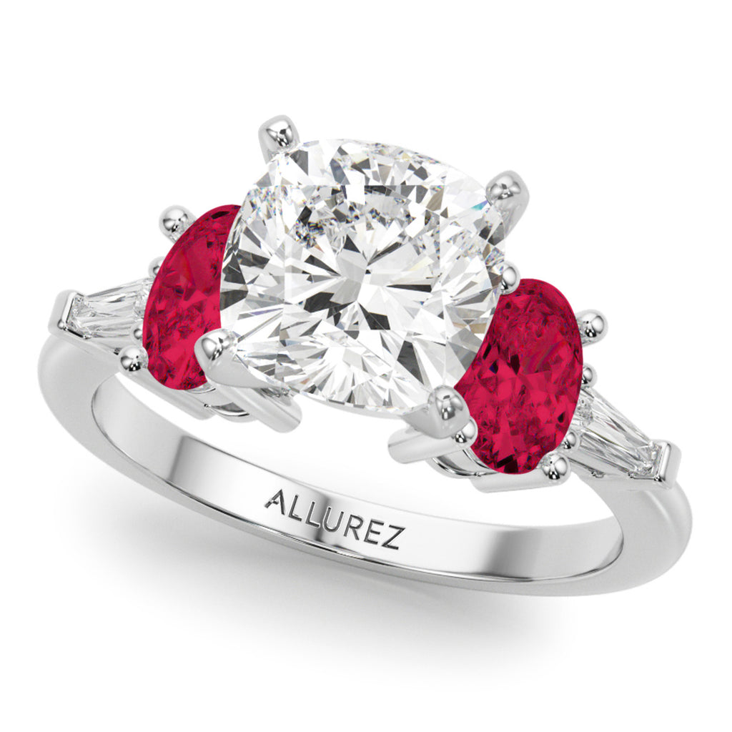Cushion Lab Grown Diamond & Oval Ruby Bridal Set 14K White Gold (5.09ct)