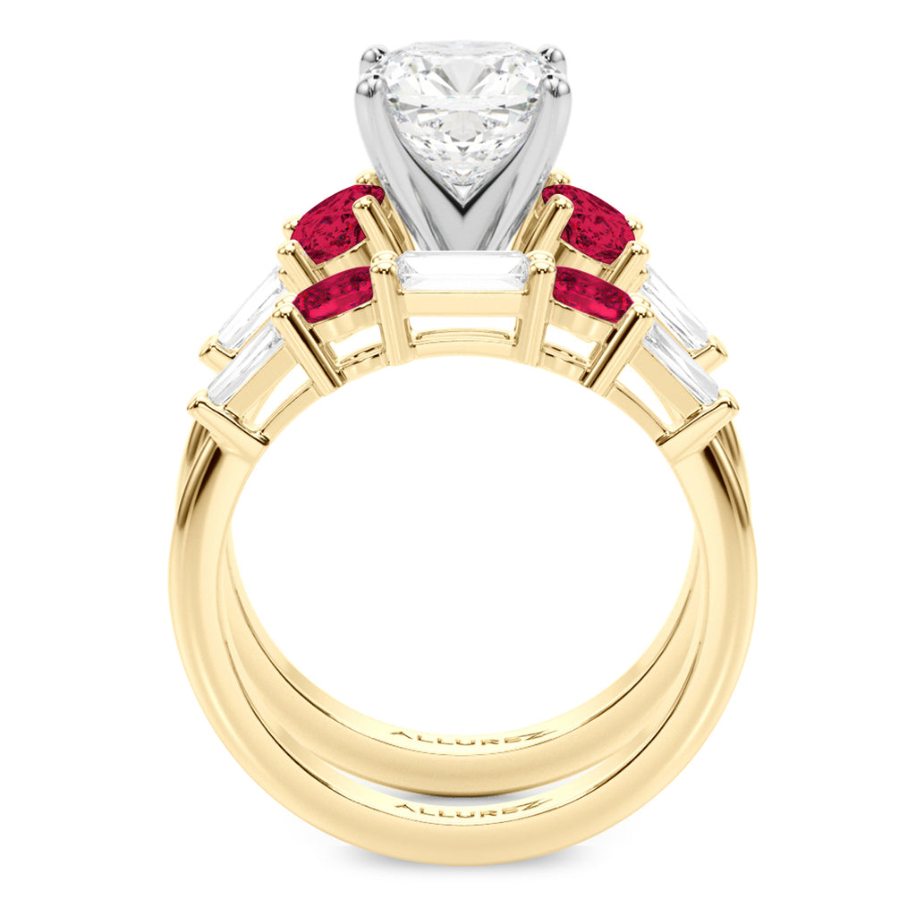 Cushion Lab Diamond & Oval Ruby Bridal Set 14K Yellow Gold (5.09ct)