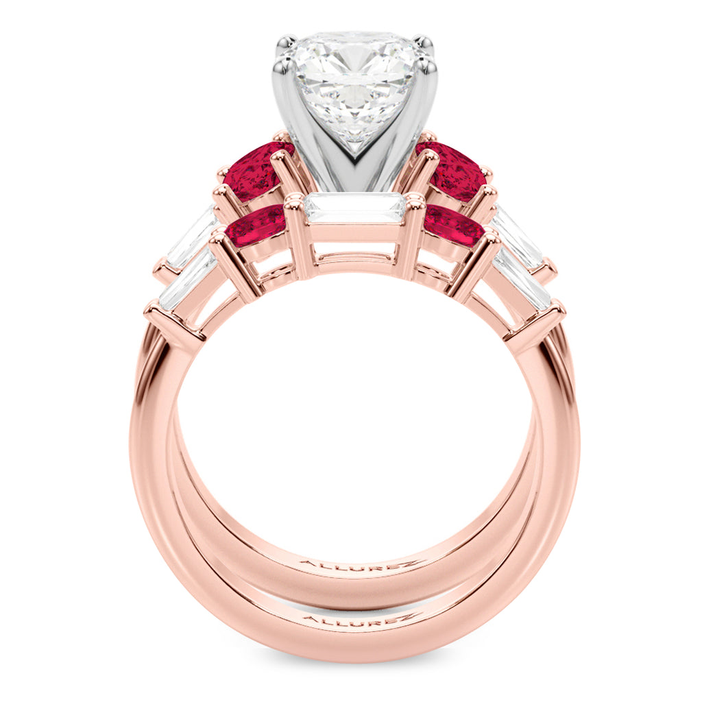 Cushion Lab Diamond & Oval Ruby Bridal Set 18K Rose Gold (5.09ct)