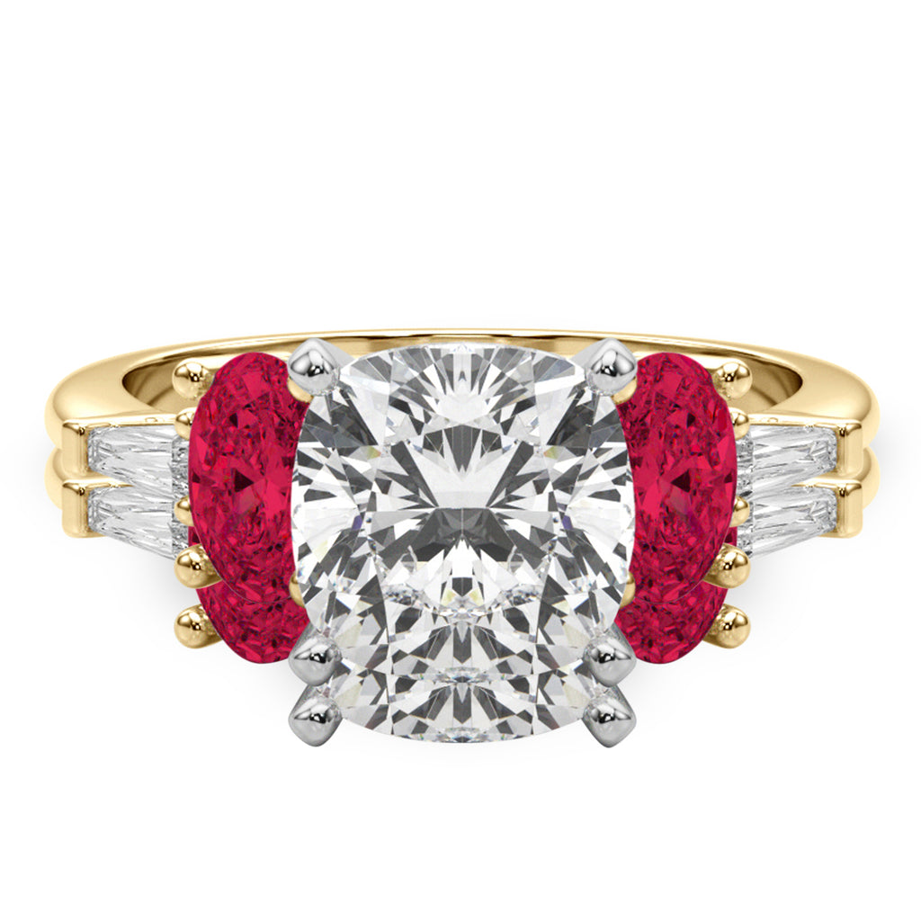 Cushion Lab Diamond & Oval Ruby Bridal Set 18K Yellow Gold (5.09ct)