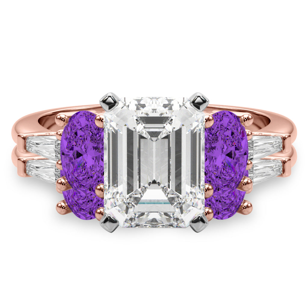Emerald Cut Lab Diamond & Oval Amethyst Bridal Set 14K Rose Gold (4.65ct)