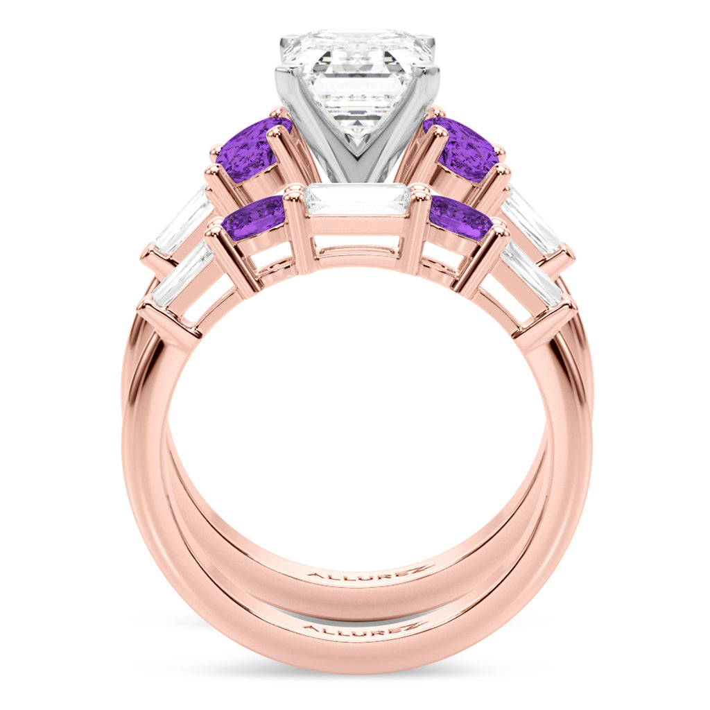 Emerald Cut Lab Diamond & Oval Amethyst Bridal Set 14K Rose Gold (4.65ct)