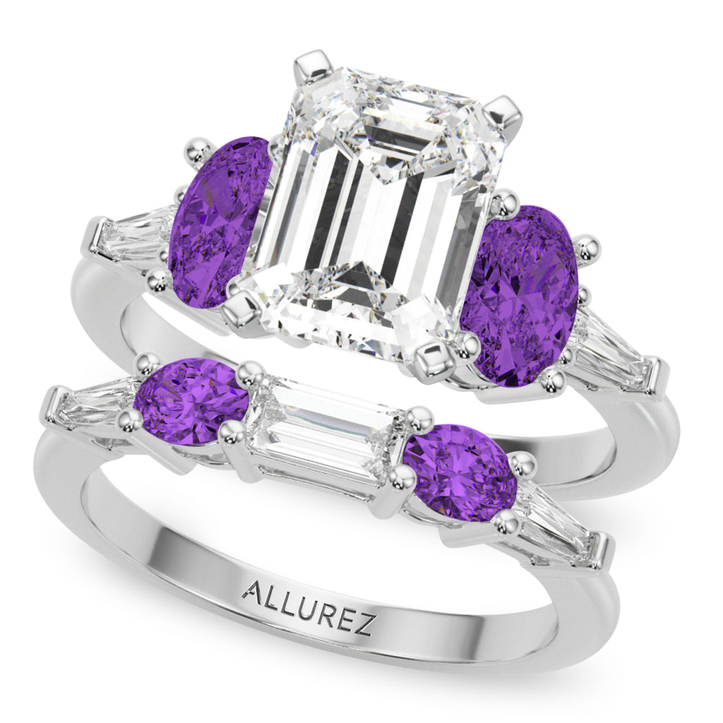 Emerald Cut Lab Diamond & Oval Amethyst Bridal Set 18K White Gold (4.65ct)