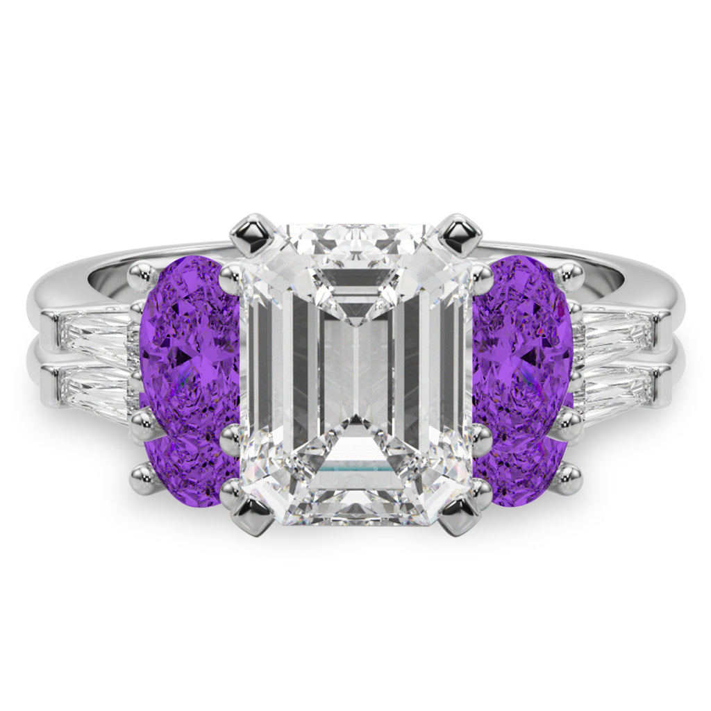 Emerald Cut Lab Diamond & Oval Amethyst Bridal Set 18K White Gold (4.65ct)